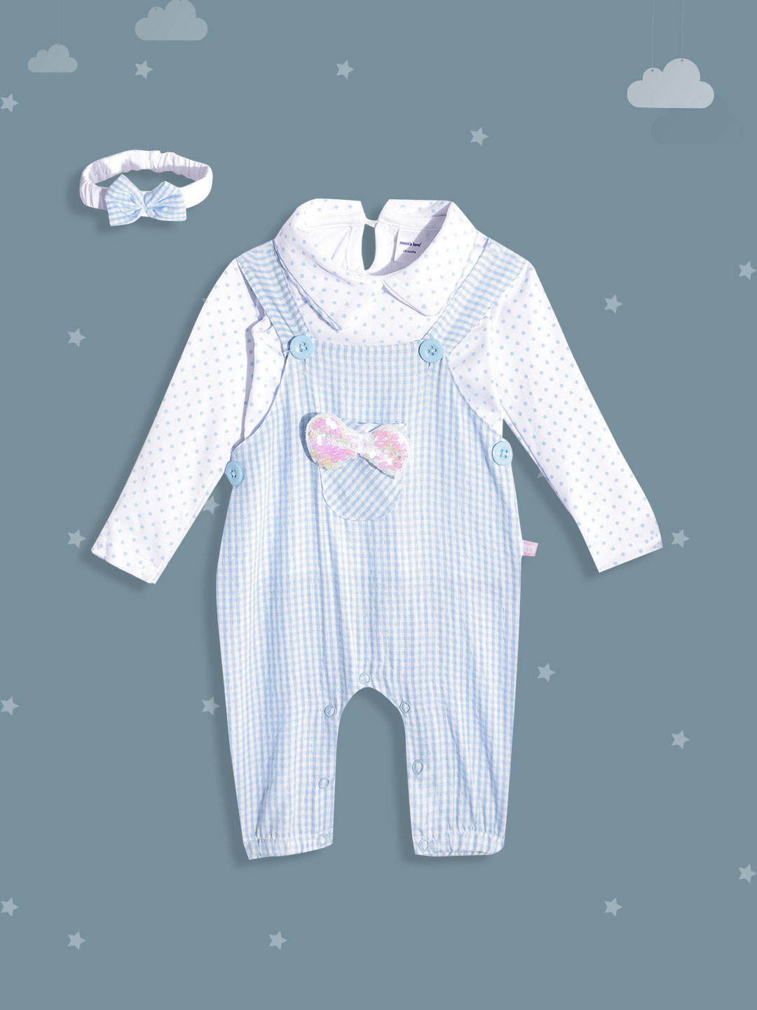 Moms Love Girls Blue & White Pure Cotton Checked Dungaree with T-shirt & Head Band