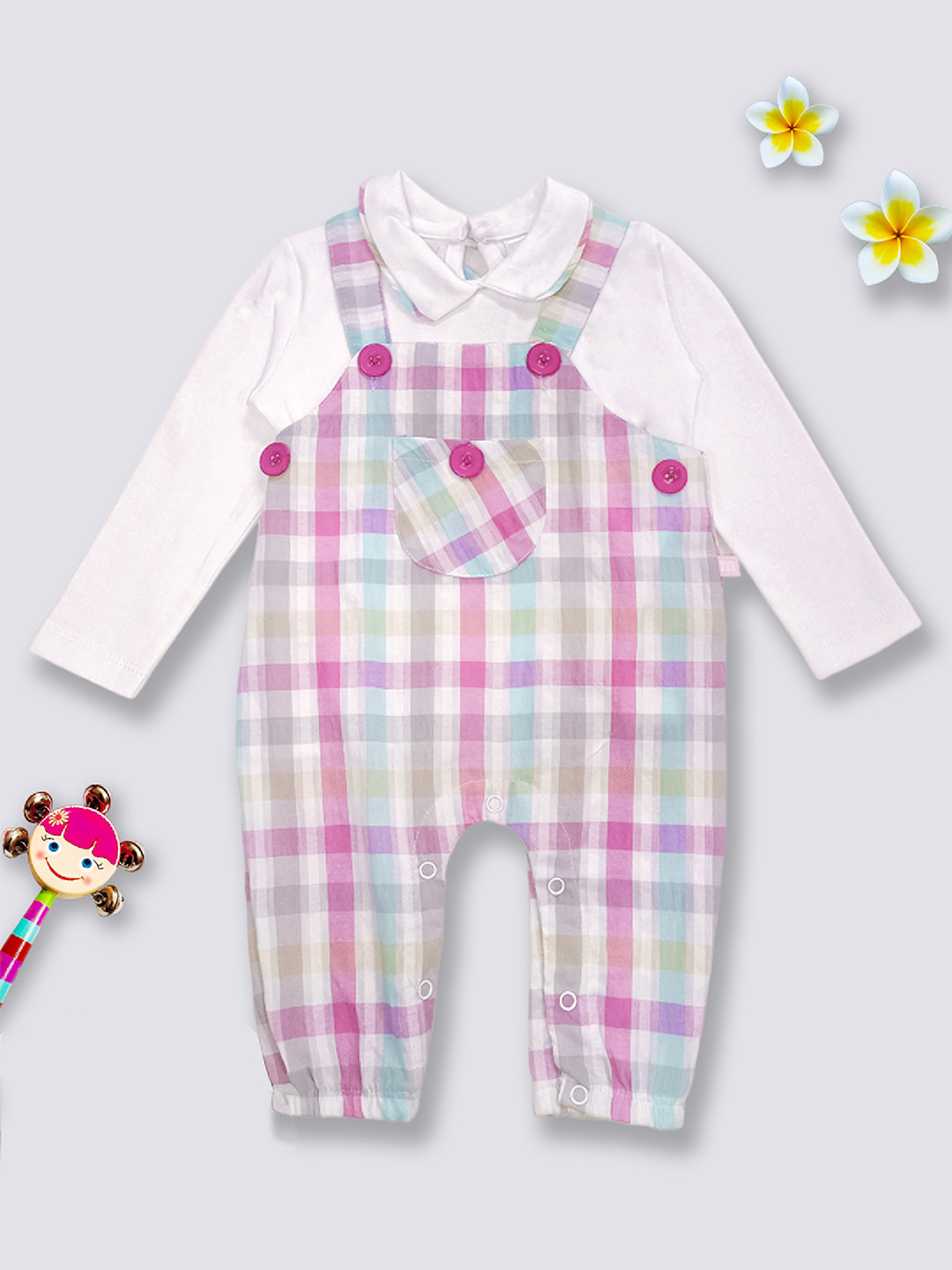 Moms Love Infant Girls Pink & White Checked Cotton Dungaree with Top & Headband
