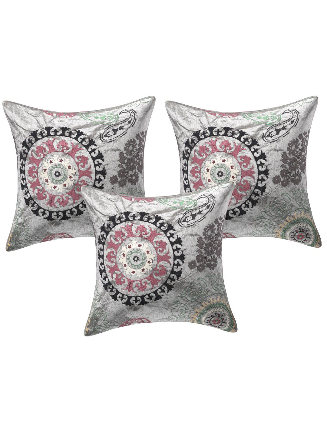 INDHOME LIFE Floral Cotton 3 Pcs Embroidered Square Cushion Covers - 16 x 16 In