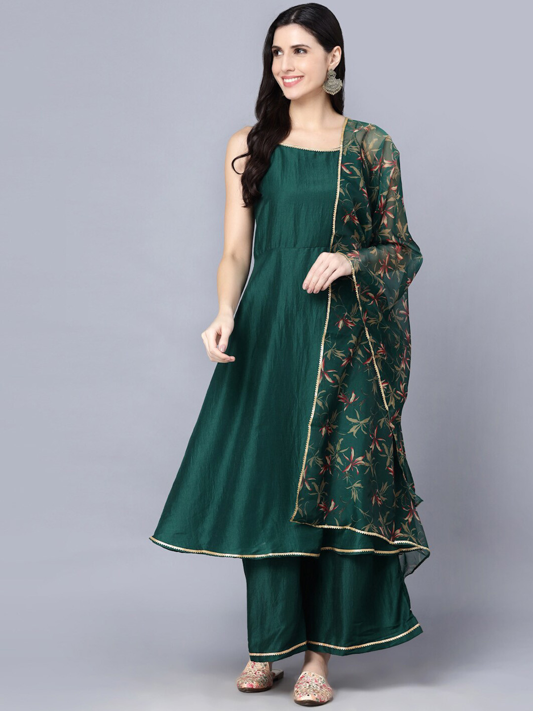 Myshka Women Green Ethnic Motifs Yoke Design Panelled Kurta with Sharara & With Dupatta