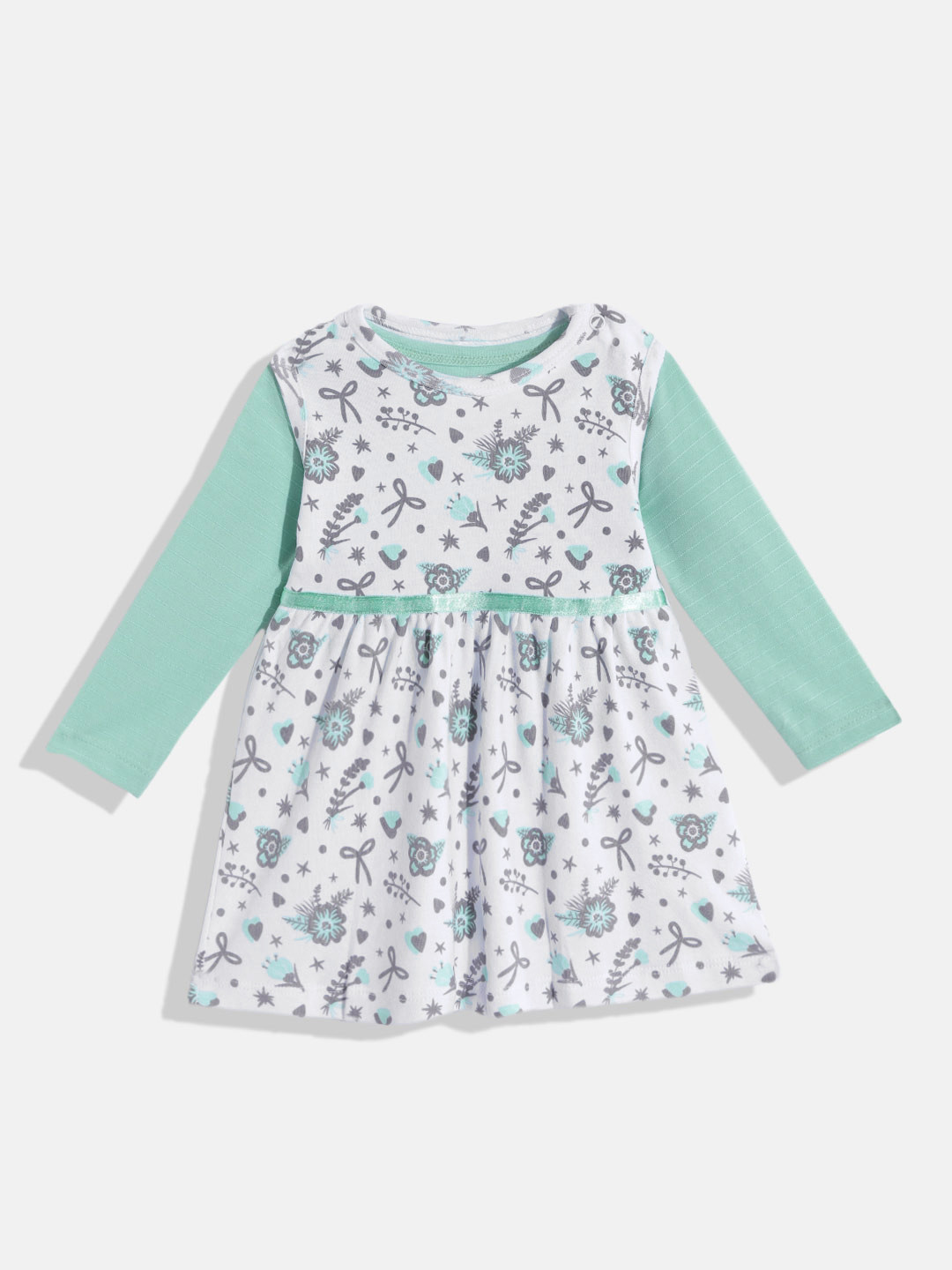 Moms Love Infant Girls White & Sea Green Floral Print Pure Cotton A-Line Dress with Shrug