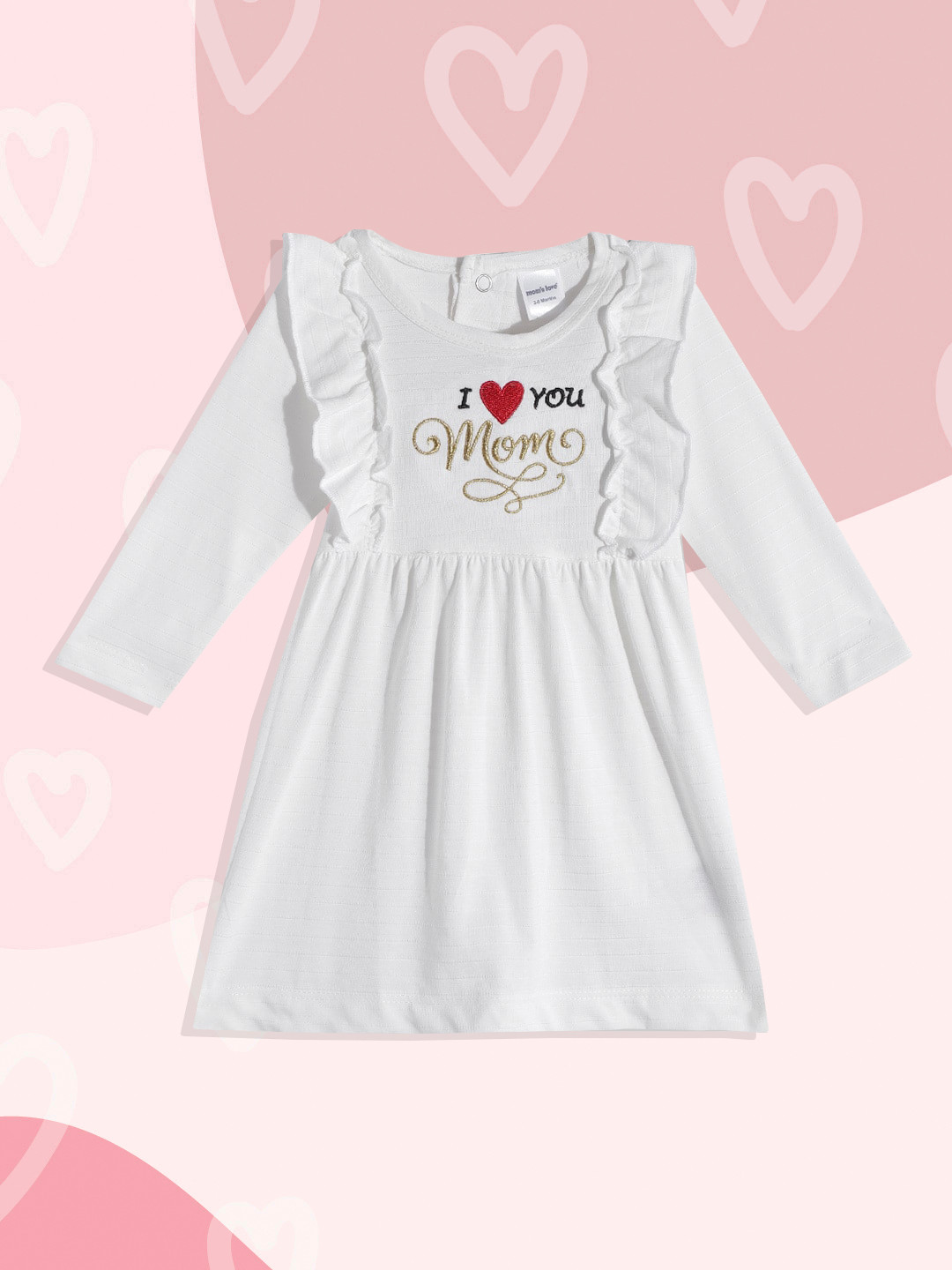 Moms Love Infant Girls Off White & Gold-Toned Cotton Typography Embroidered A-Line Dress
