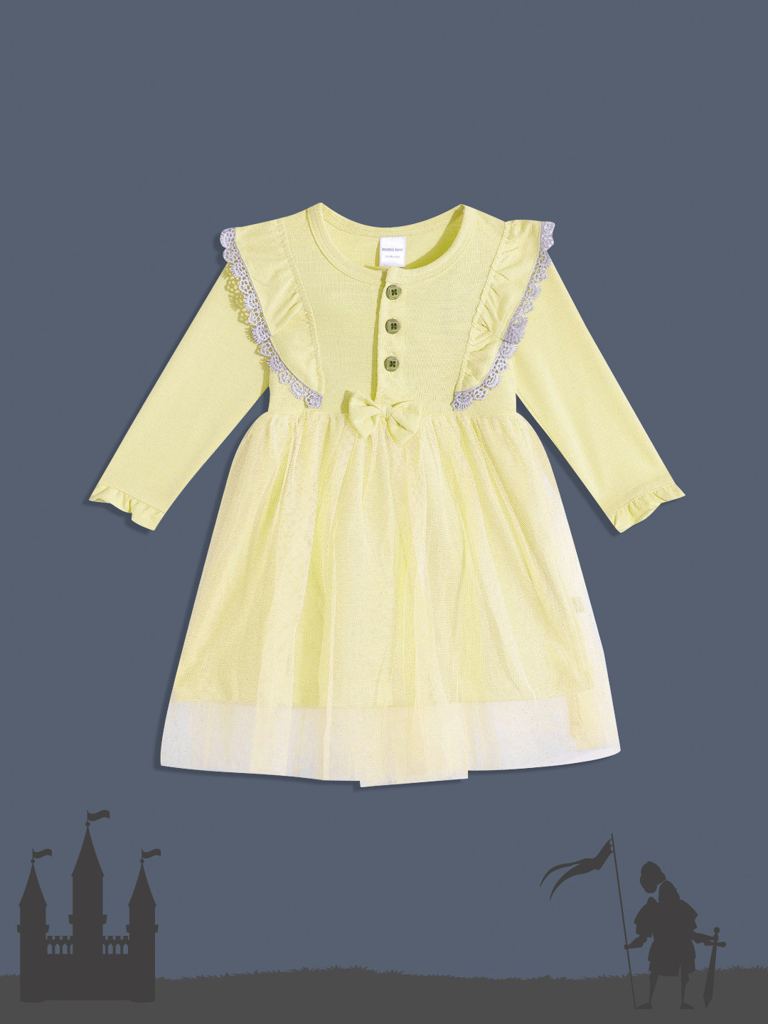 Moms Love Infant Girls Yellow & Grey Self Striped Net Cotton Fit & Flare Dress