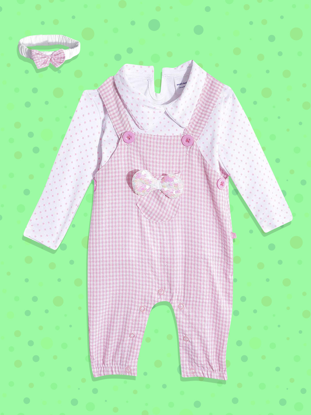 Moms Love Girls Pink & White Pure Cotton Checked Dungaree with T-shirt & Head Band