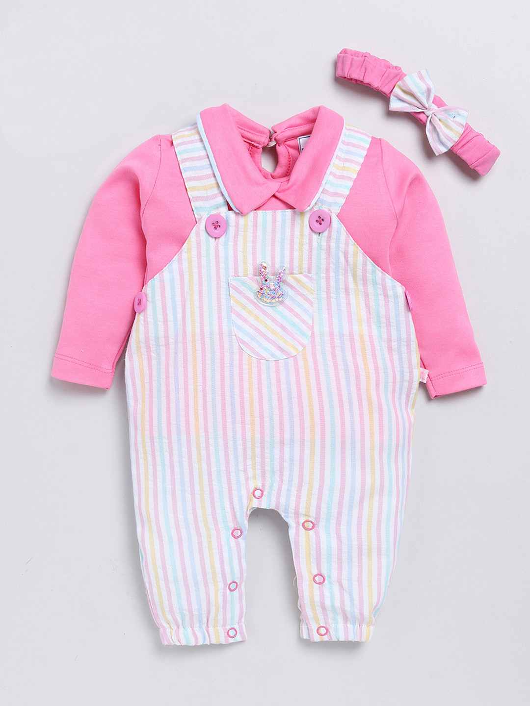 Moms Love Infant Girls Pink & White Striped Cotton Dungaree with T-shirt & Headband