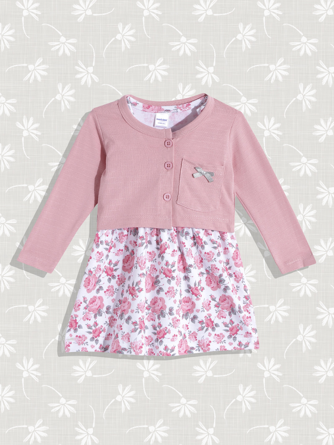 Moms Love Infant Girls Pink & White Pure Cotton Floral Print A-Line Dress with T-shirt