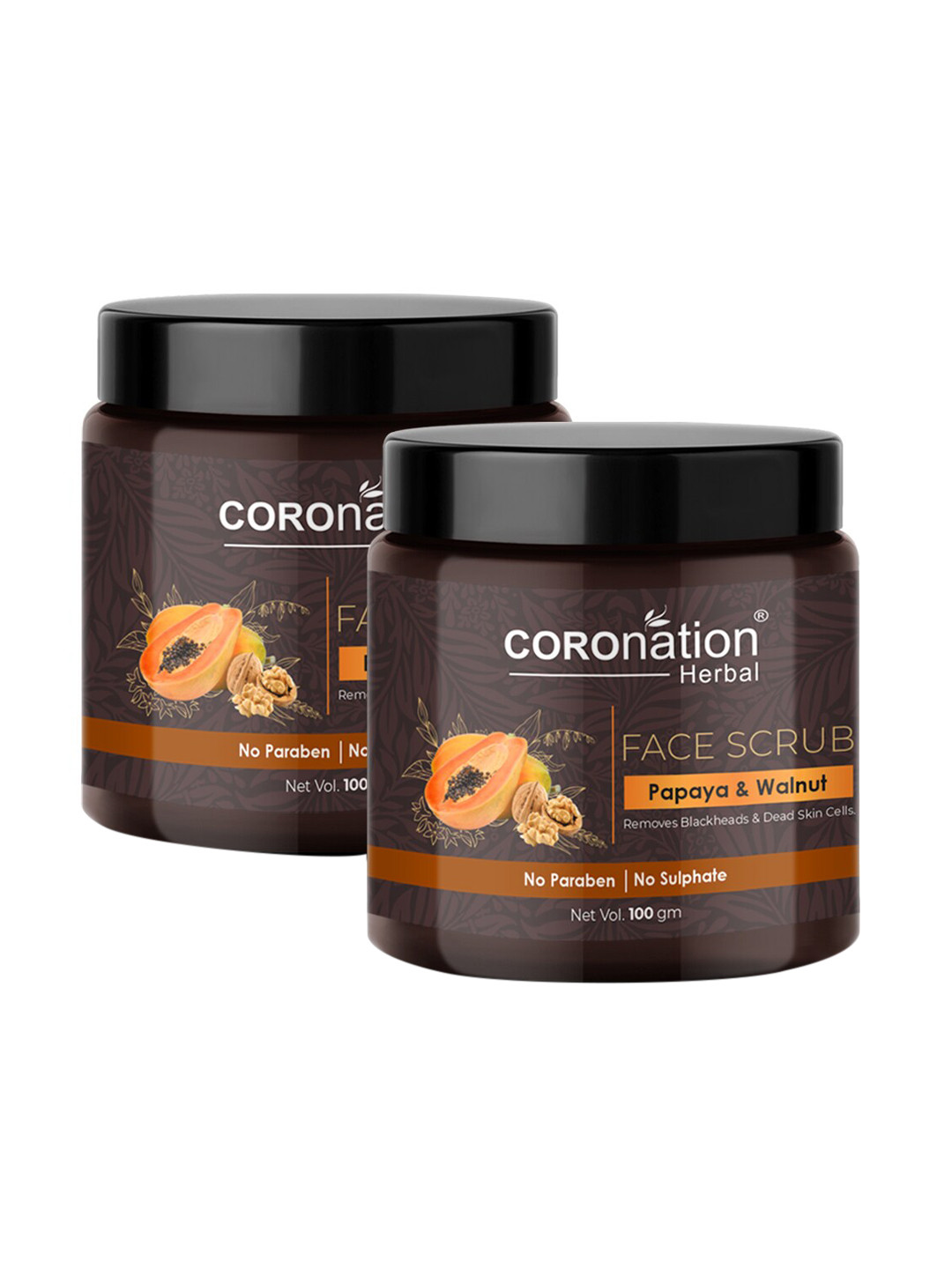 COROnation Herbal Set of 2 Papaya & Walnut Face Scrub for Blackheads & Dead Skin-100g each