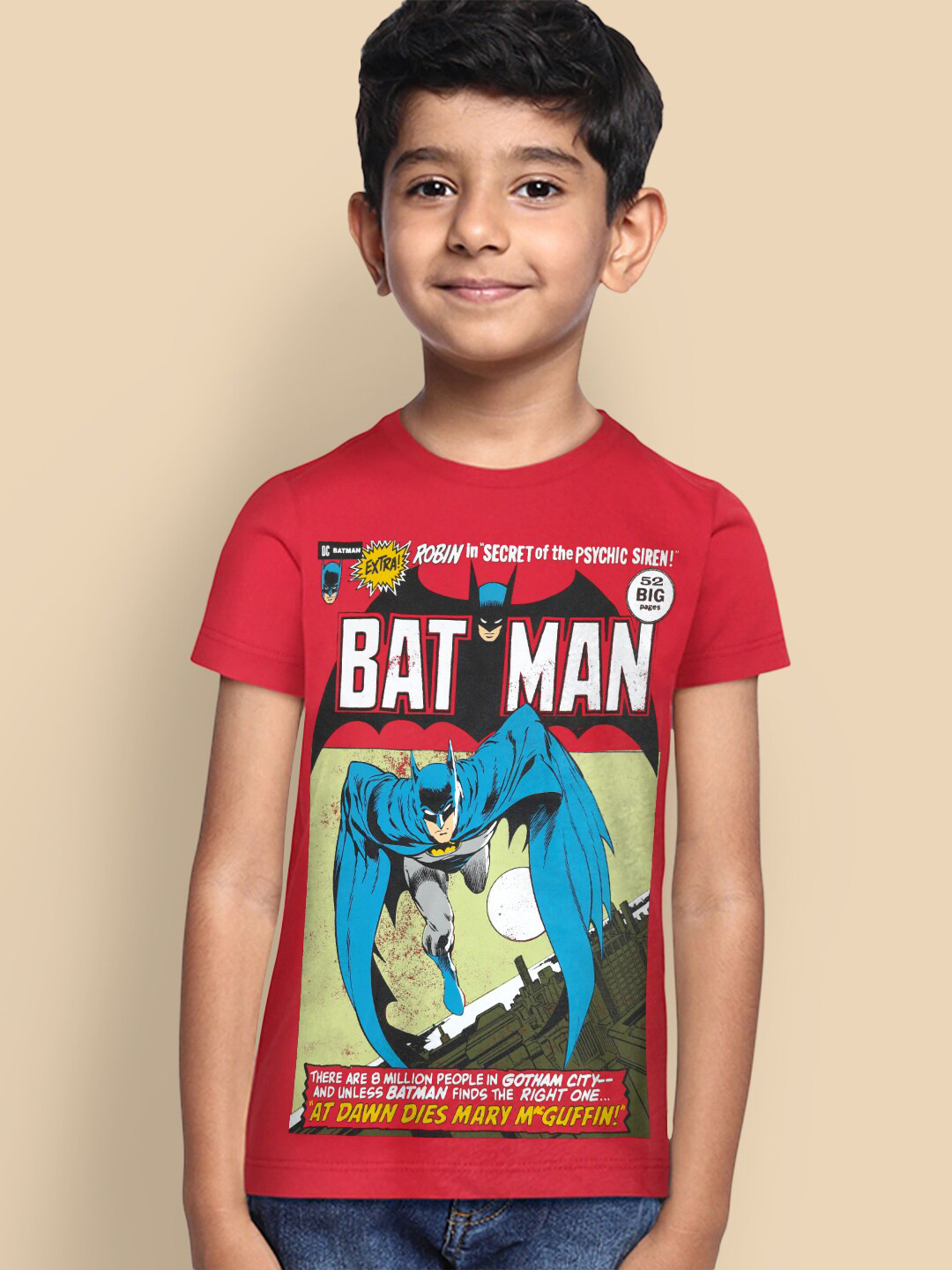 Kids Ville Boys Red & White Batman Printed Cotton T-shirt