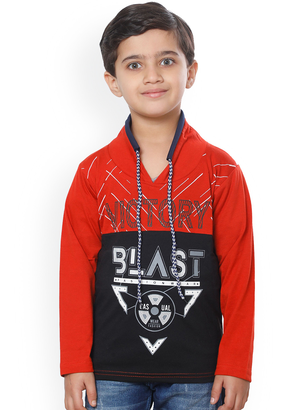 FOURFOLDS Boys Red & Black Colourblocked V-Neck T-shirt