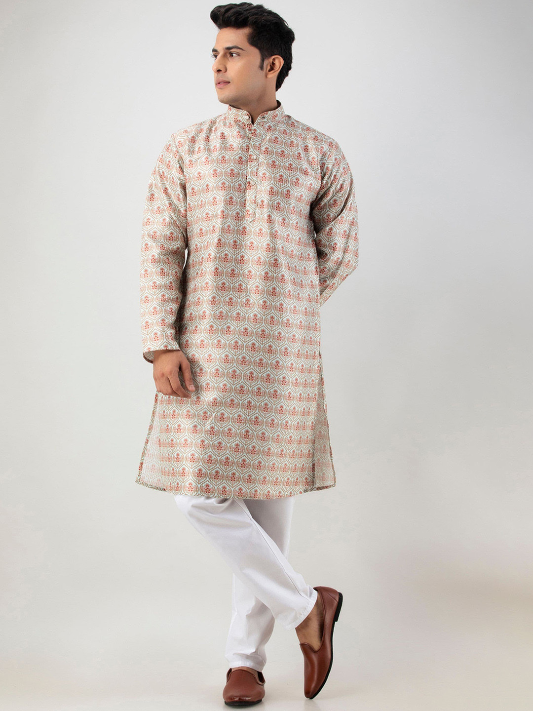 Firangi Yarn Men Green Ethnic Motifs Printed Thread Work Grandeur & Majestic Artwork Kurta
