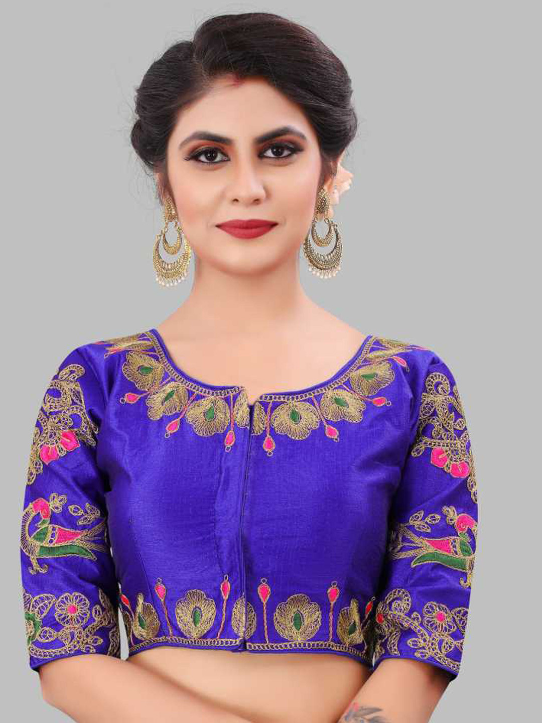 LINARO LIFESTYLES Women Blue & Pink Embroidered Ready-Made Saree Blouse