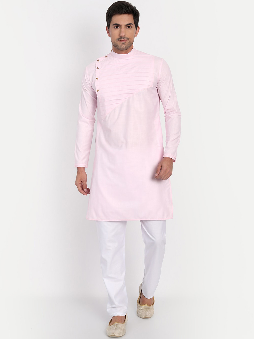 TAHVO Men Pink Pleated Detail Angrakha Kurta with Pyjama