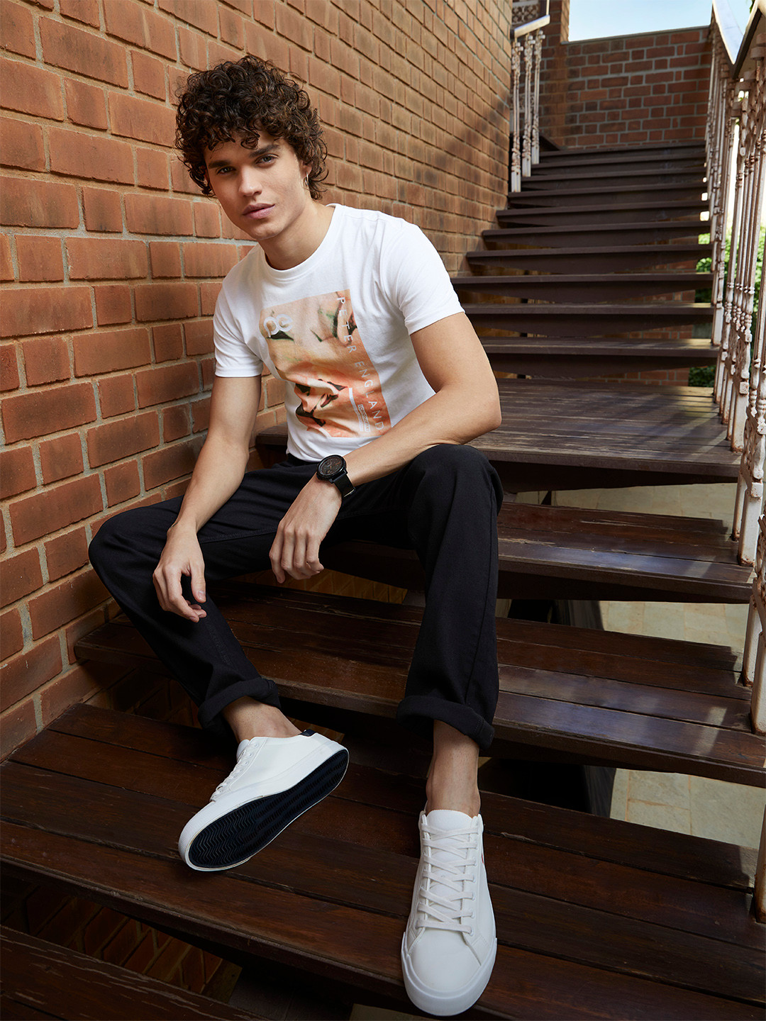 Peter England Casuals Men White & Orange Brand Logo Printed T-shirt