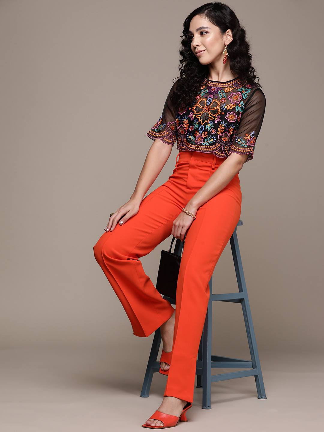 Label Ritu Kumar Women Black & Orange Embroidered Top & Camisole