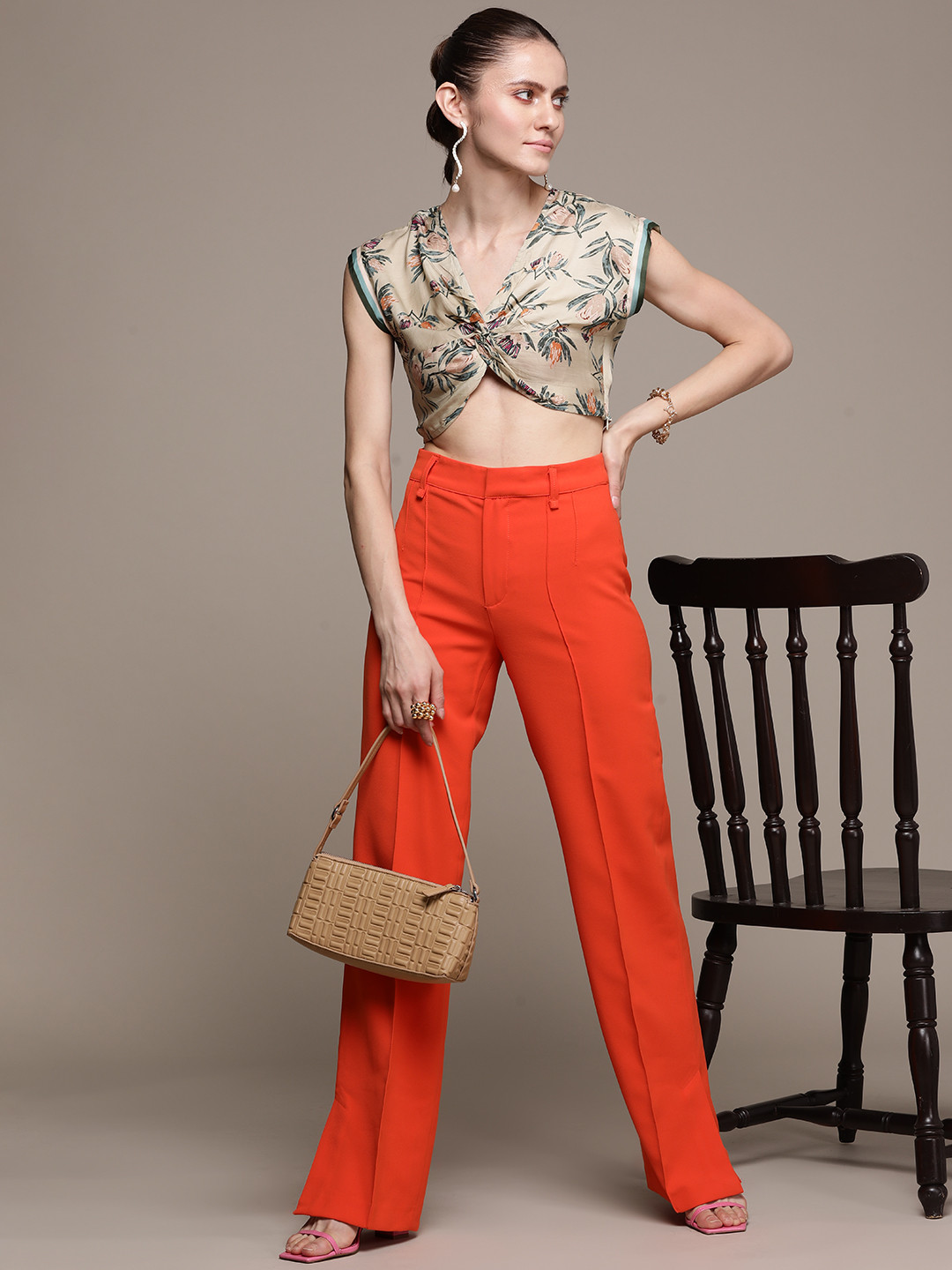 Label Ritu Kumar Green Floral Printed Satin Crop Top