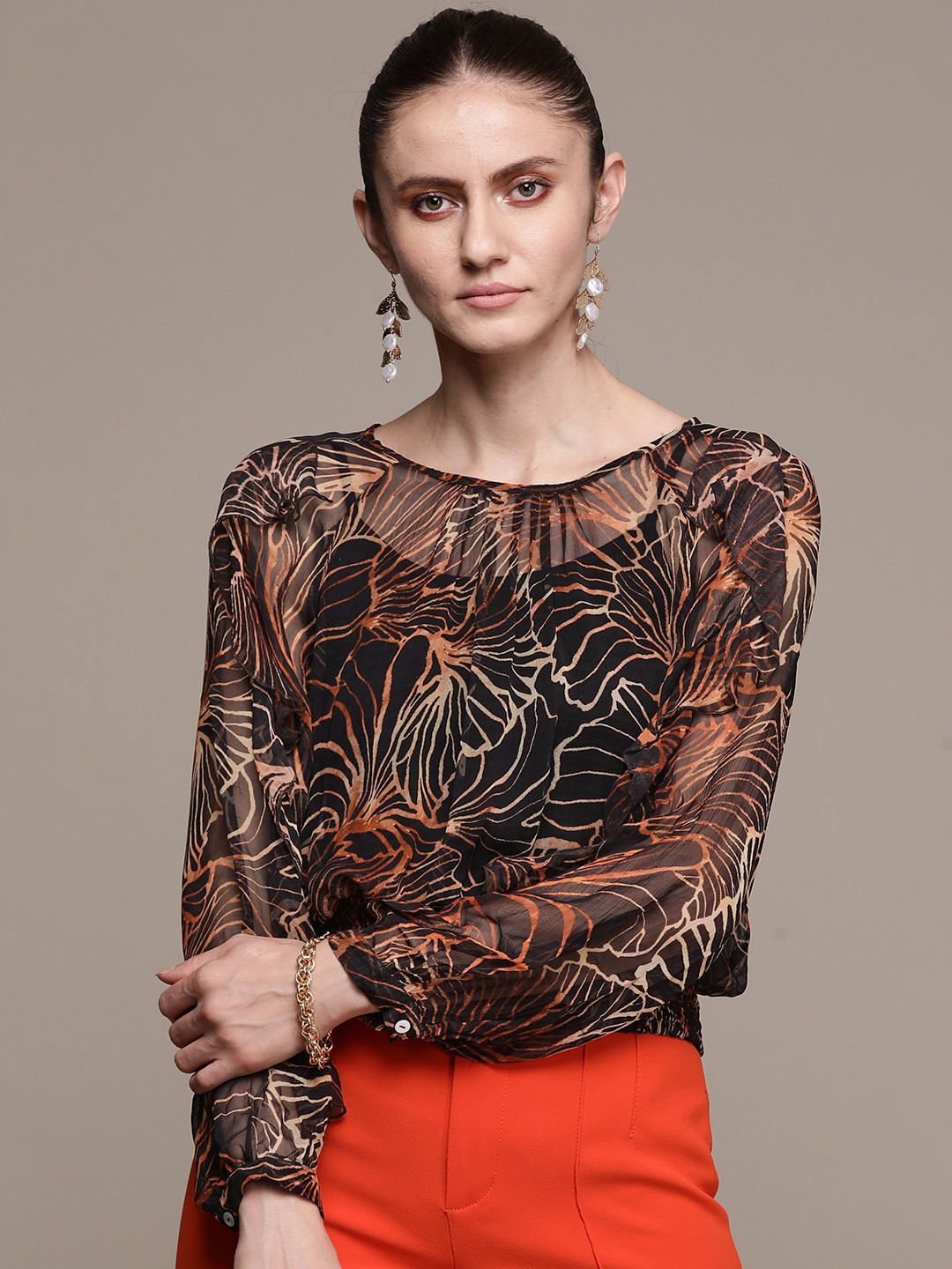 Label Ritu Kumar Black & Mustard Yellow Print Chiffon Top With Camisole