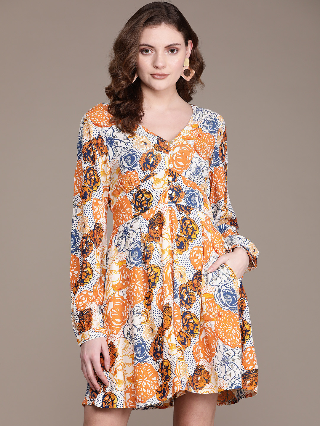 Label Ritu Kumar Orange & Brown V-Neck Printed Jumpsuit