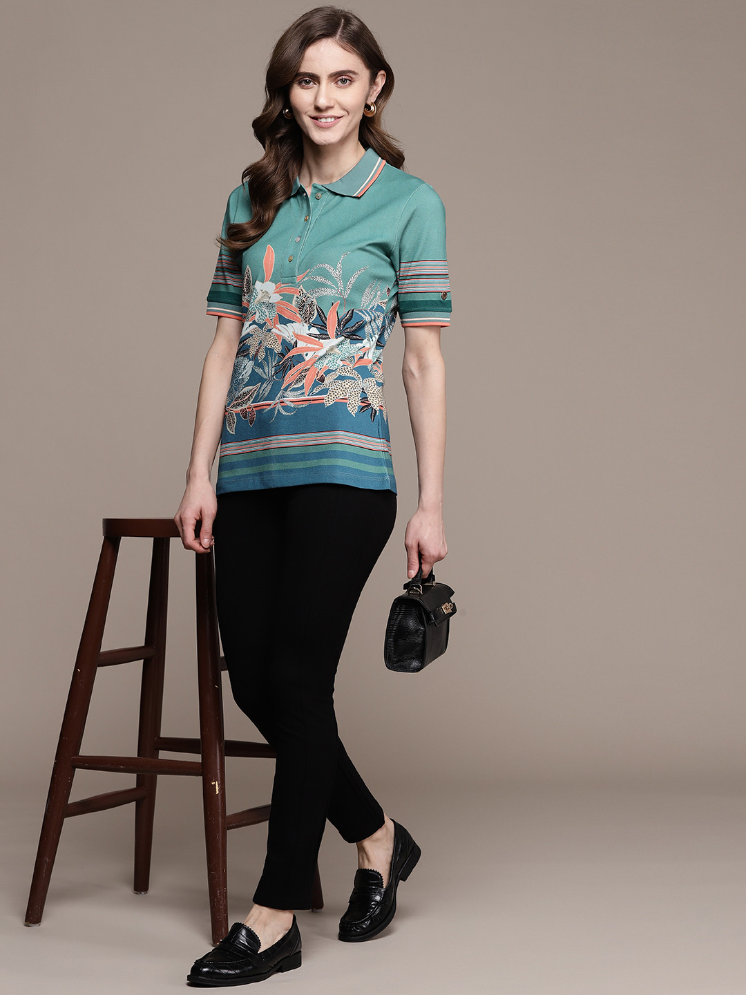 Label Ritu Kumar Women Green Floral Printed T-shirt