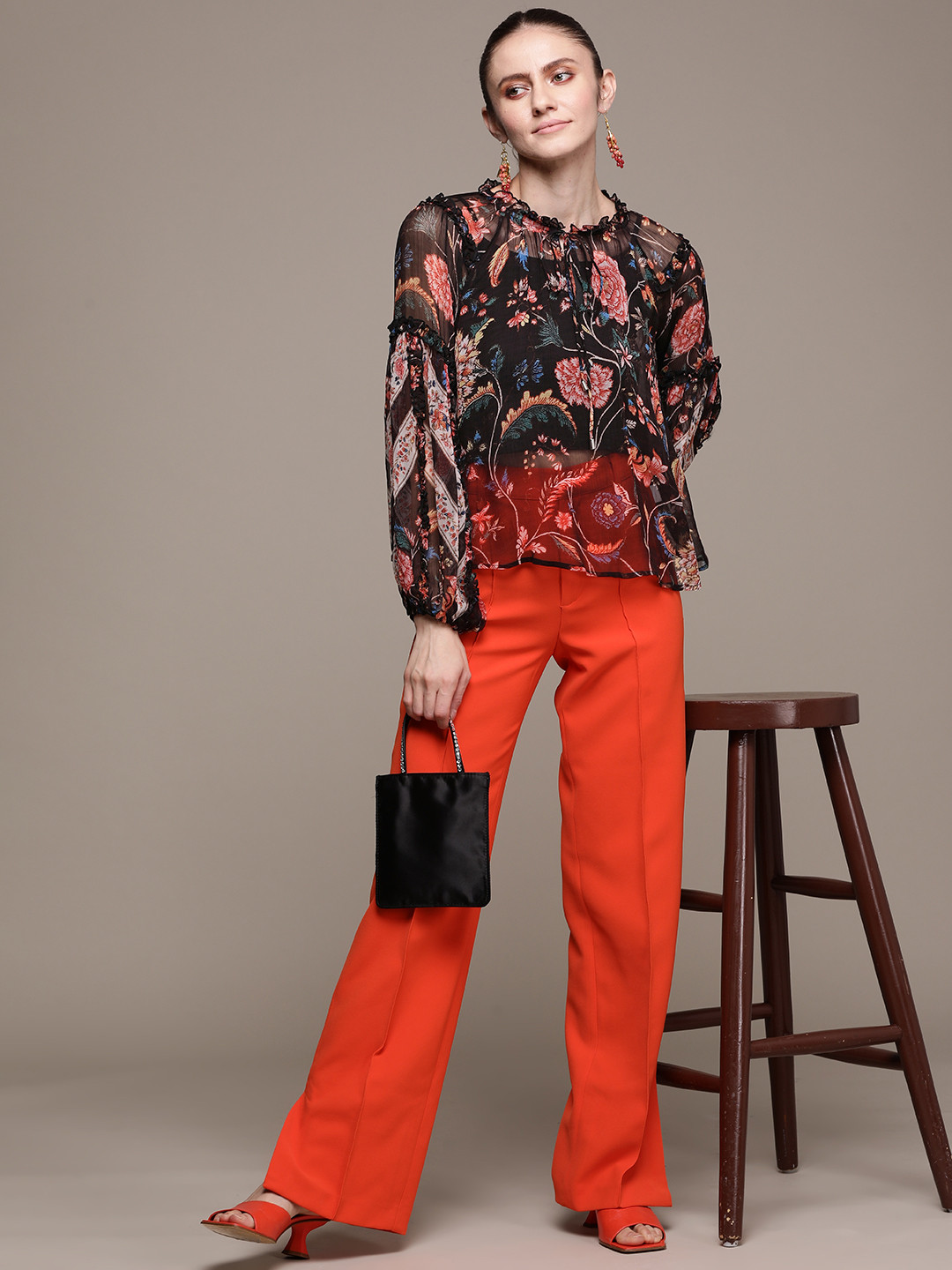 Label Ritu Kumar Black & Pink Floral Print Chiffon Top With Camisole