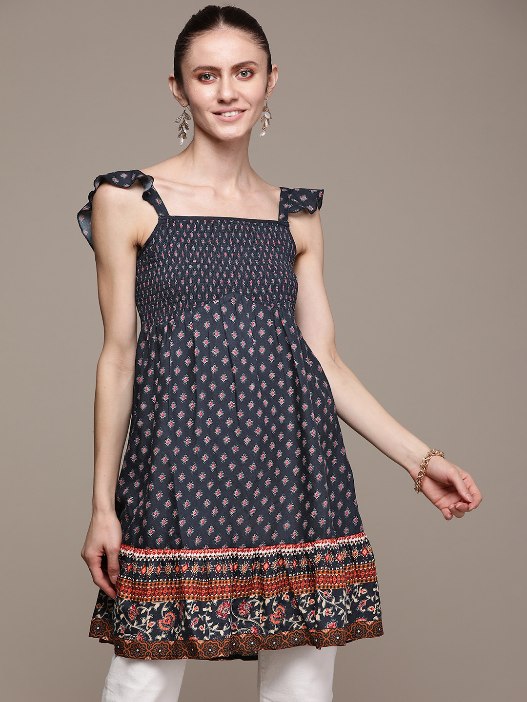 Label Ritu Kumar Navy Blue Print Empire Longline Top