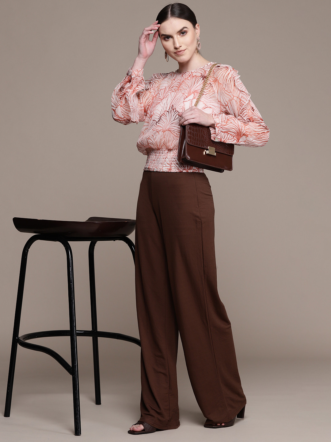 Label Ritu Kumar Off White Printed Chiffon Blouson Top with Camisole