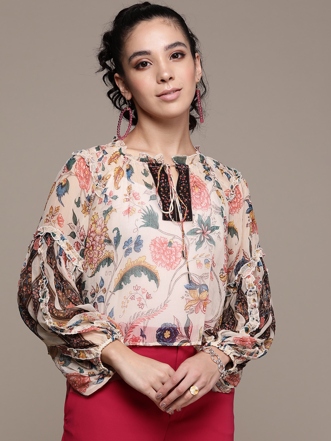 Label Ritu Kumar Multicoloured Floral Print Tie-Up Neck Chiffon Top with Camisole