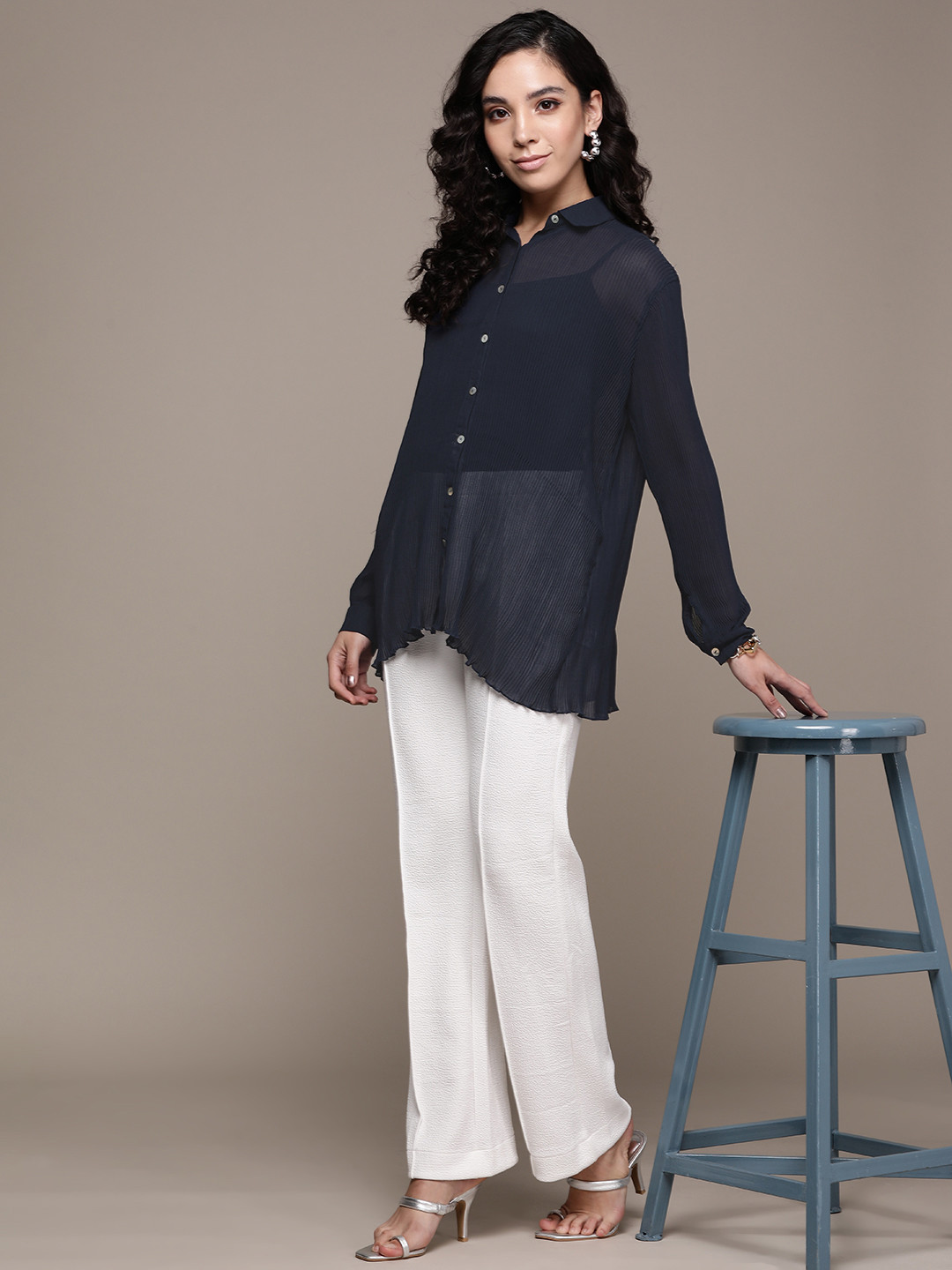 Label Ritu Kumar Women Navy Blue Striped Casual Shirt