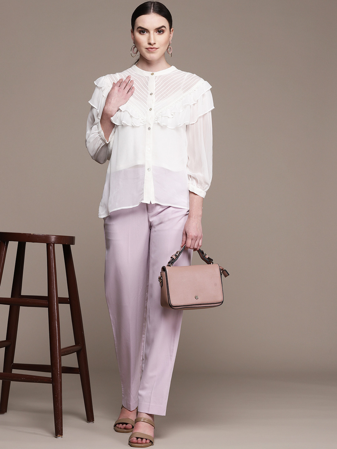 Label Ritu Kumar Women Off White Semi Sheer Casual Shirt & Camisole