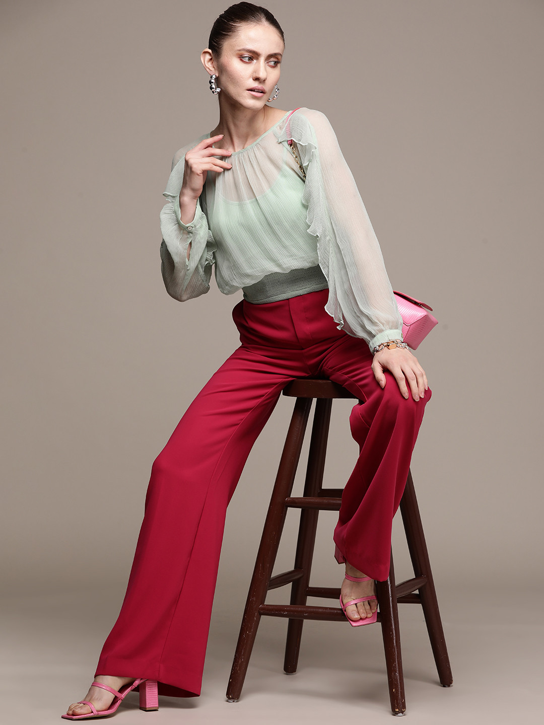 Label Ritu Kumar Women Green Chiffon Blouson Top