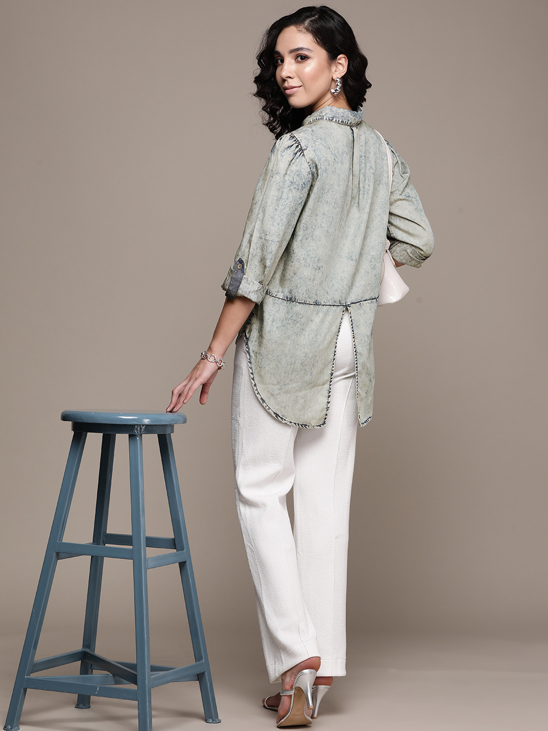 Label Ritu Kumar Women Blue Solid Cotton Relaxed Casual Denim Shirt