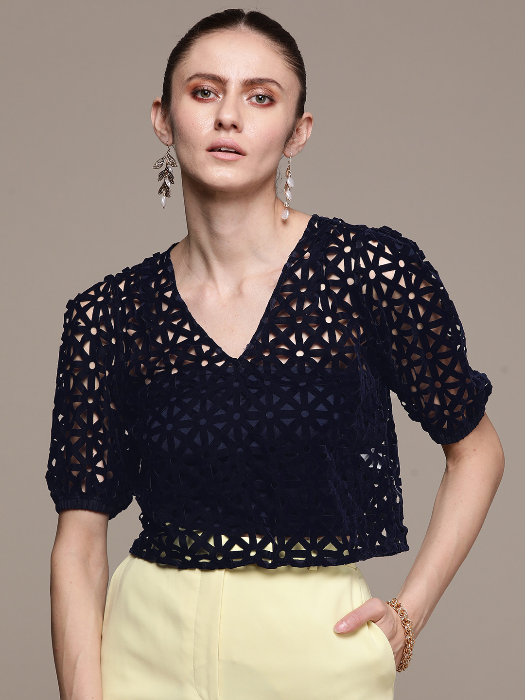 Label Ritu Kumar Blue Geometric Cut Out Detail Velvet Crop Top With Camisole