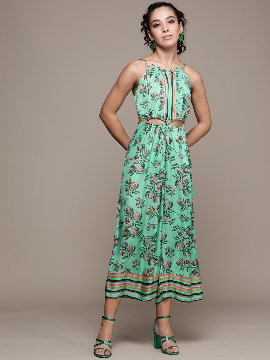 Label Ritu Kumar Green & Off White Printed Basic Jumpsuit