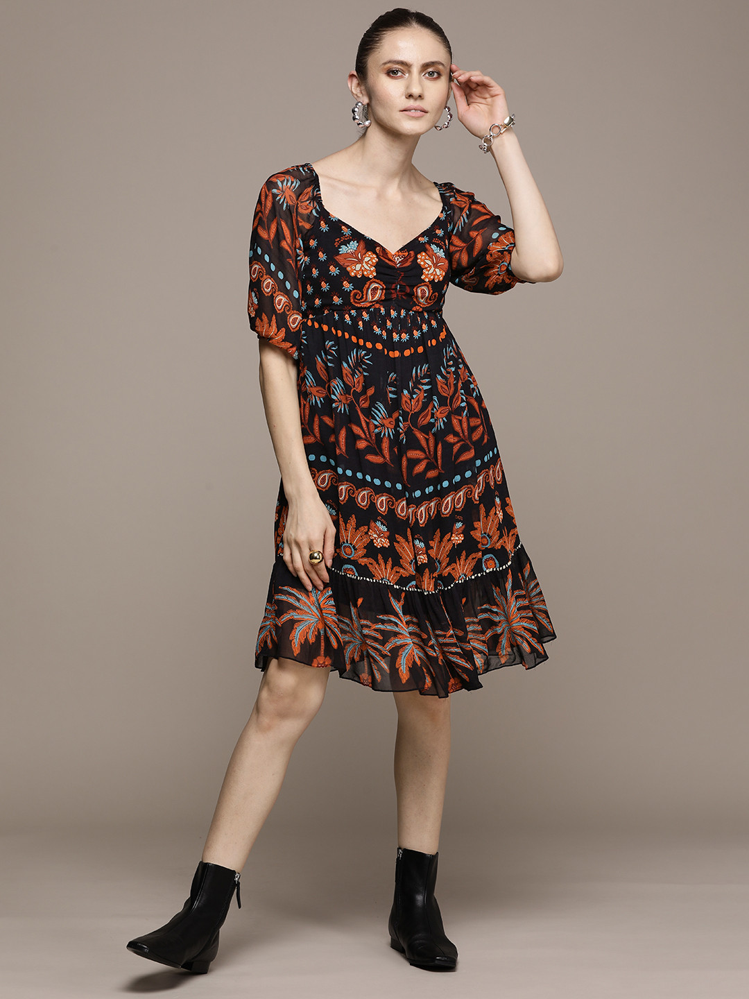 Label Ritu Kumar Black & Orange Ethnic Motifs Printed Smocked Georgette A-Line Dress