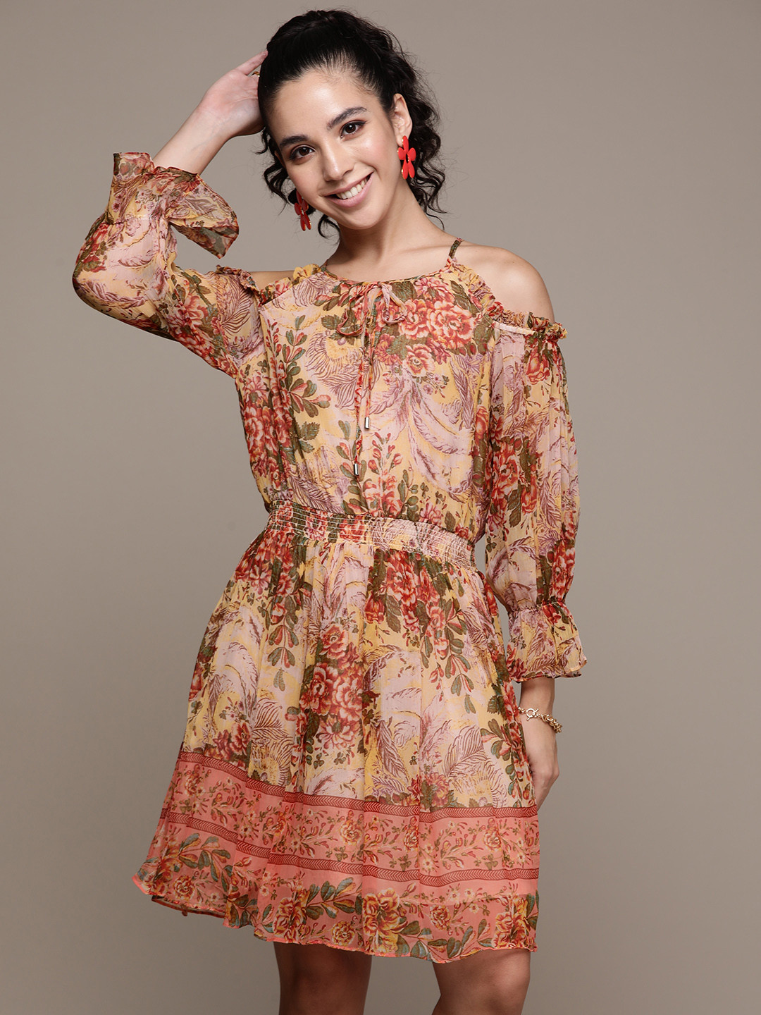 Label Ritu Kumar Peach-Coloured & Beige Ethnic Motifs Printed Chiffon A-Line Dress