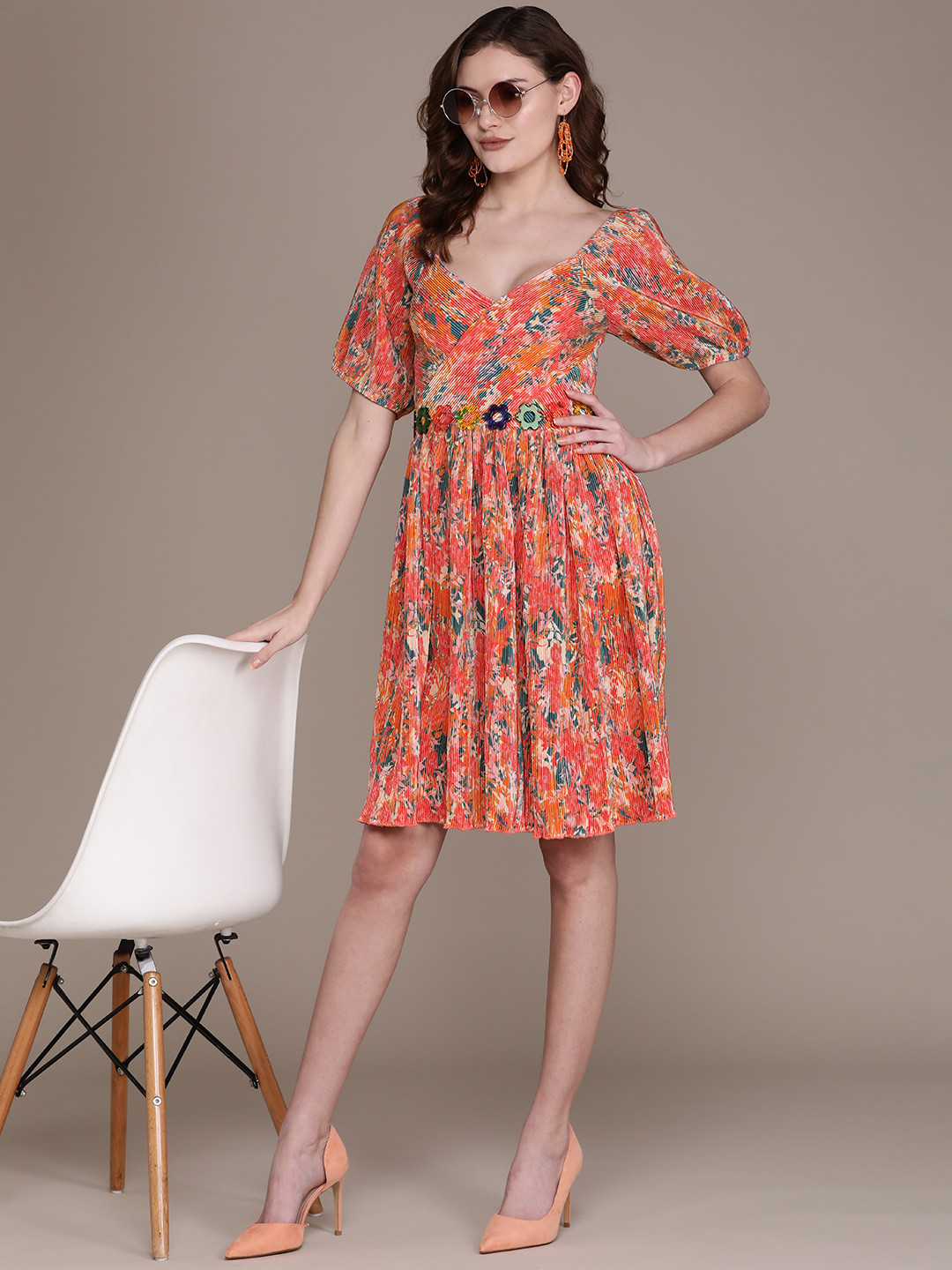 Label Ritu Kumar Orange & Green Printed A-Line Dress