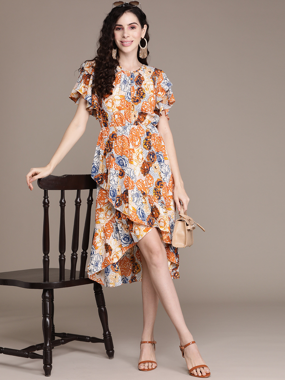 Label Ritu Kumar Orange & Off White Printed A-Line Dress