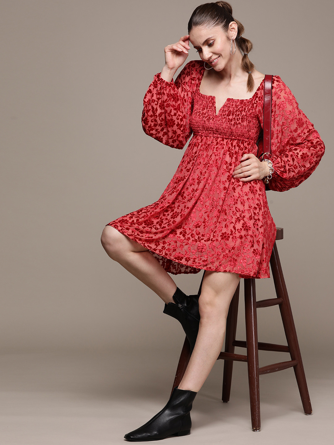 Label Ritu Kumar Red Floral Velvet A-Line Dress