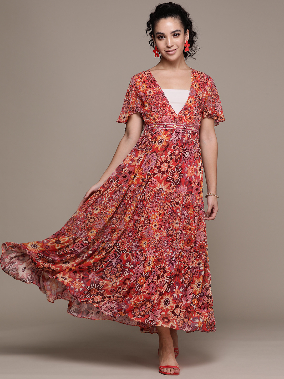 Label Ritu Kumar Red & Orange Floral Printed Georgette A-Line Maxi Dress