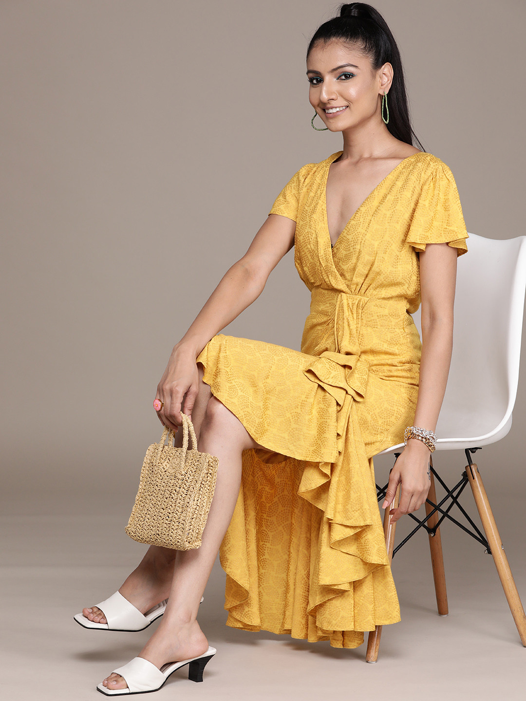 Label Ritu Kumar Yellow Self Design A-Line Midi Dress