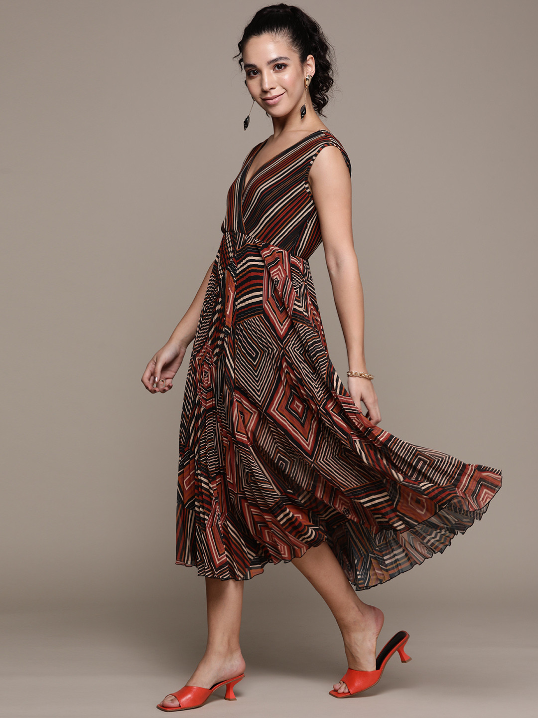 Label Ritu Kumar Black & Maroon Striped Accordion Pleated Georgette A-Line Maxi Dress