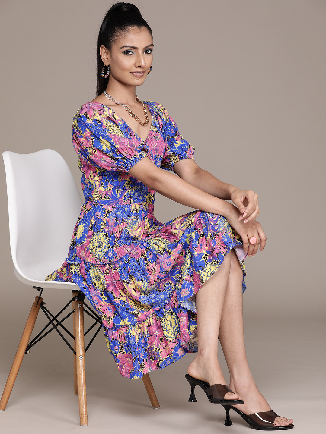 Label Ritu Kumar Blue & Yellow Floral Printed Tiered Crepe A-Line Dress