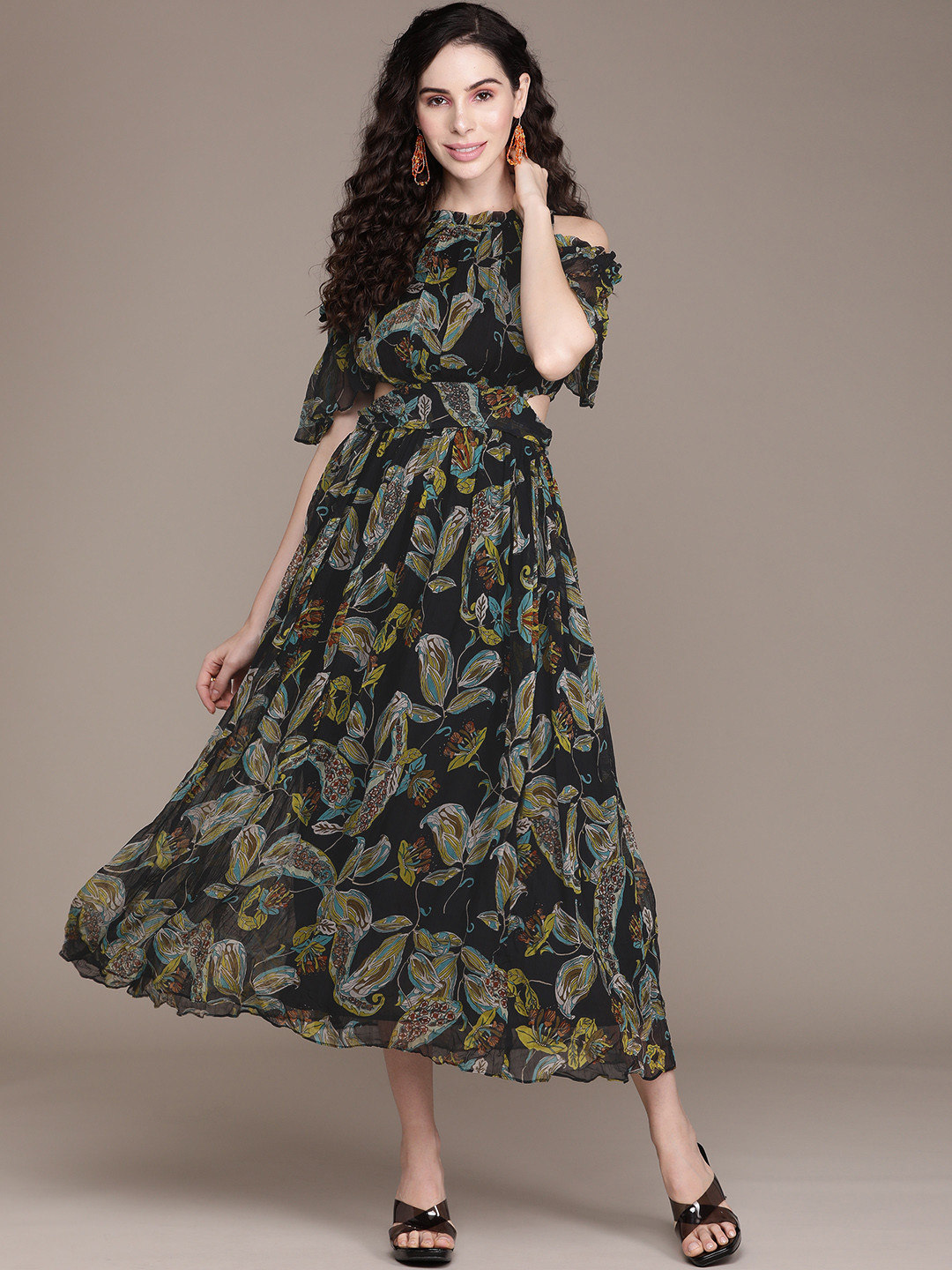 Label Ritu Kumar Black & Green Ethnic Motif Printed Maxi Dress