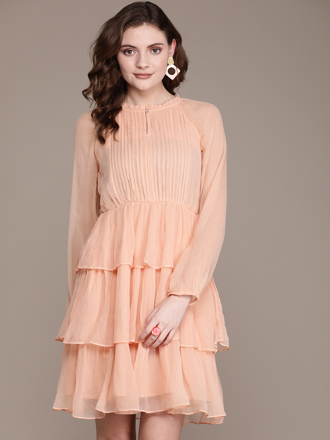Label Ritu Kumar Peach-Coloured Solid Keyhole Neck Tiered Chiffon Dress
