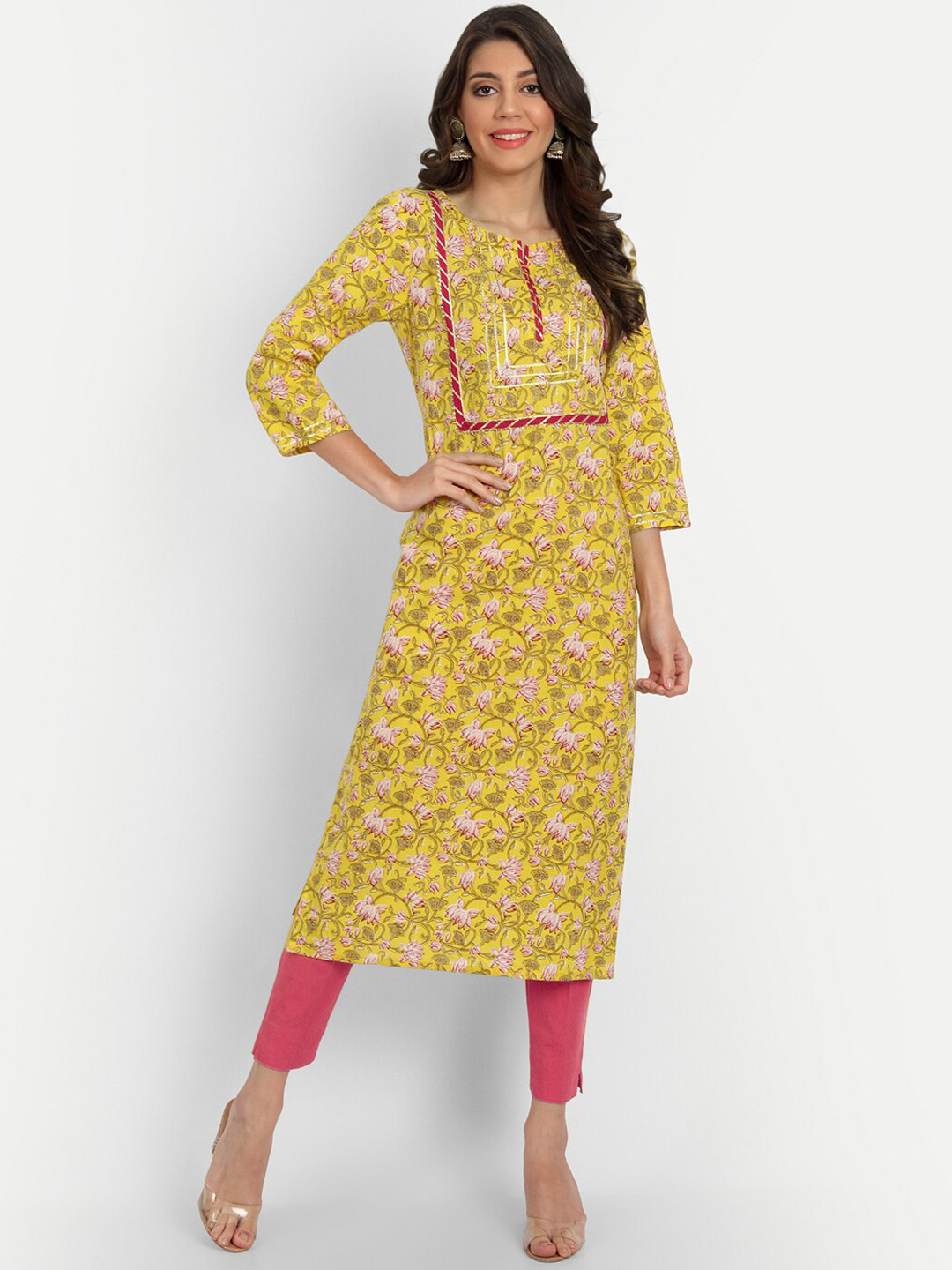 Haute and Humble Women Yellow & Pink Floral Printed Gotta Patti Floral Kurta