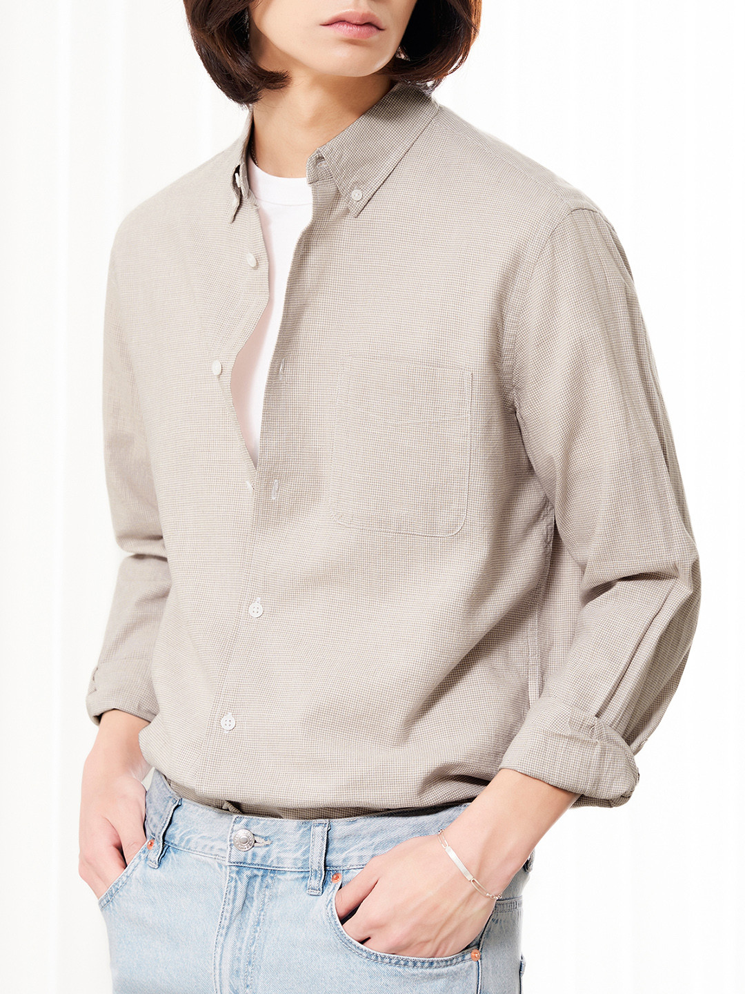 8seconds Men Beige Micro Checks Regular Fit Casual Shirt