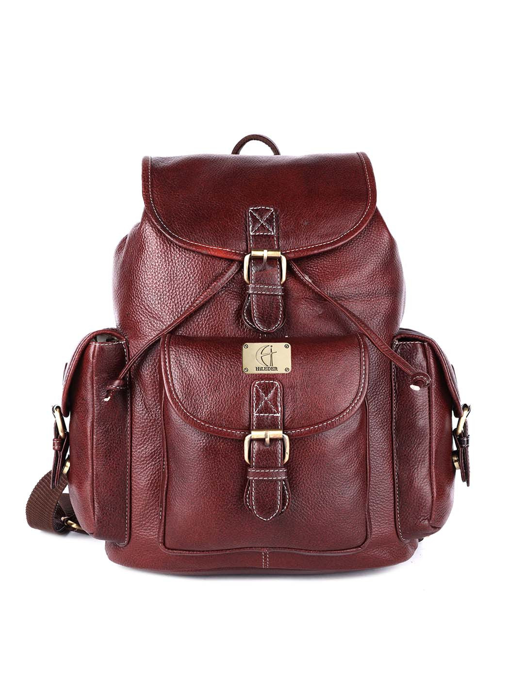 HiLEDER Pure Leather Spacious Backpack Office Bag with Buckle Detail