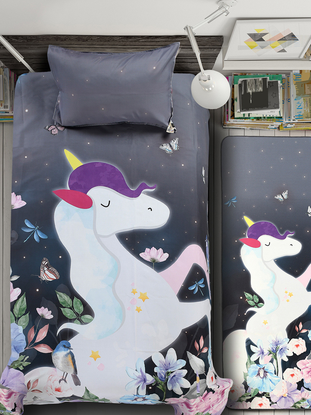 Saral Home Unicorn Grey Cartoon Characters Cotton 120 TC Fitted Single Bedsheet with a Pillow Cover-60 x 90 inches