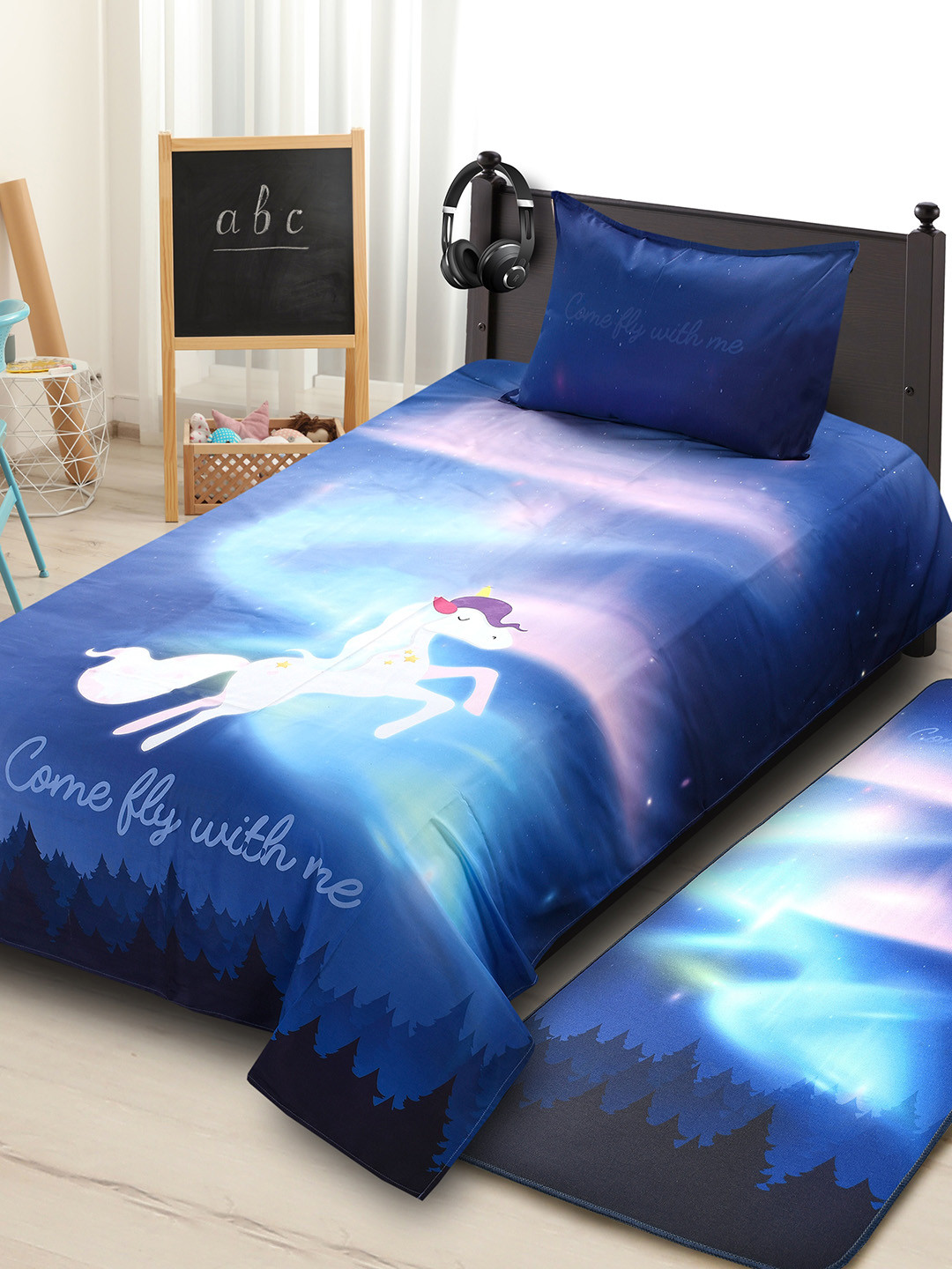 Saral Home Unicorn Blue Cartoon Characters Cotton 120 TC Single Bedsheet with a Pillow Cover-60 x 90 inches