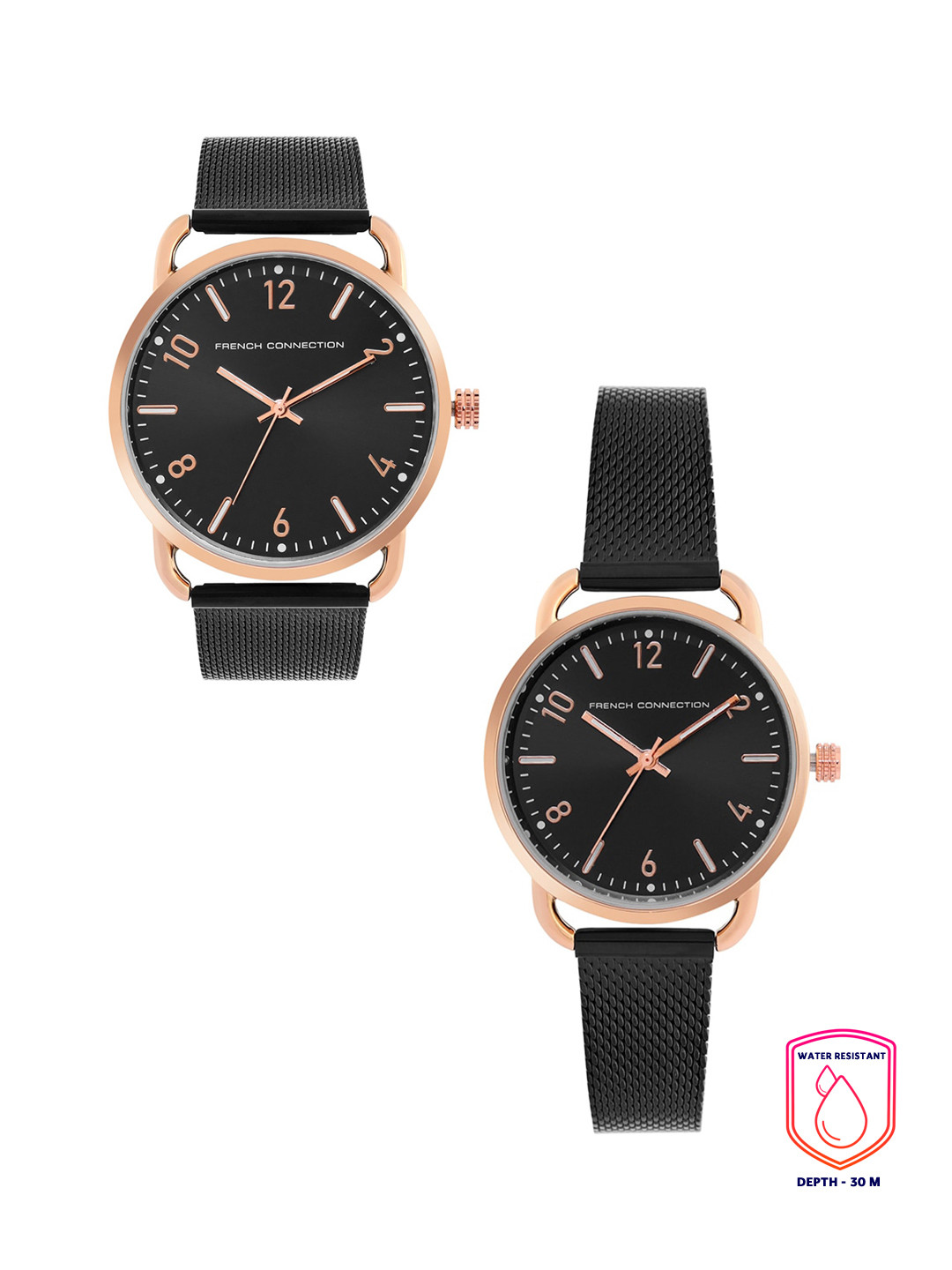 French Connection Black Analog Round Dial Amiti Couple Watch