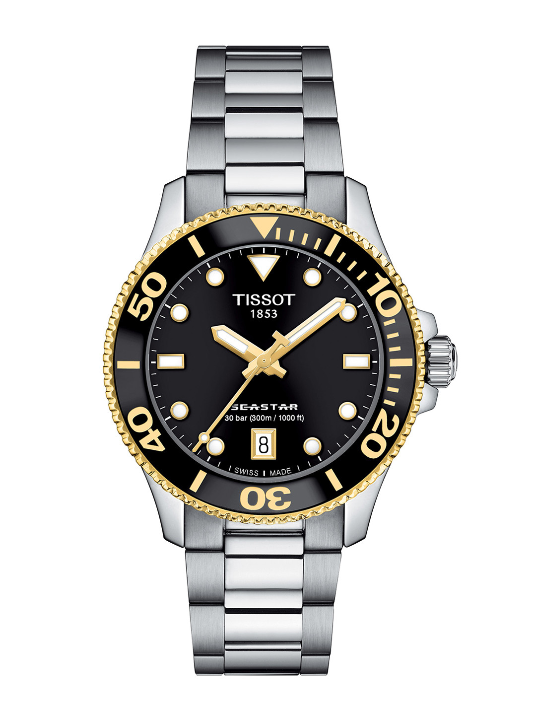 TISSOT Unisex Black Embellished Dial & Stainless Steel Bracelet Style Straps Analogue Watch T1202102105100